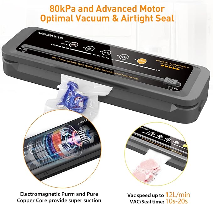 MegaWise Vacuum Sealer Machine | 80kPa Suction Power| Bags and Cutter Included & Vacuum Sealer Bags (8''x 12''-110pcs)