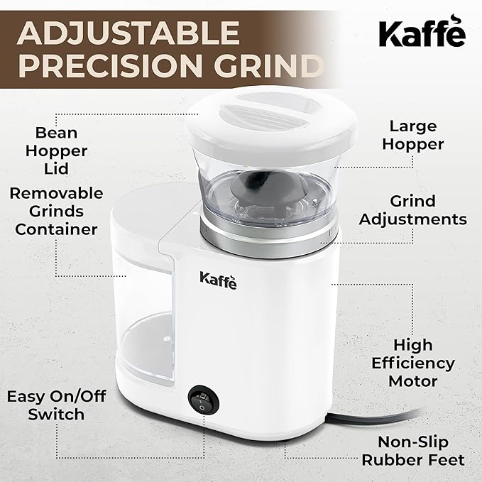 Kaffe Electric Burr Coffee Grinder (5.5oz) w/Adjustable Coarseness Settings - Flat Burr - [New Upgraded Motor ] - Precision Coffee Bean Grinder for Home Use - White