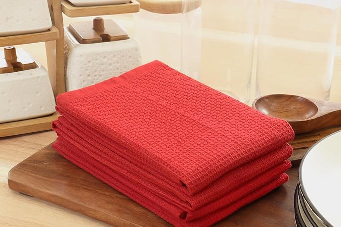 PurpleEssences Waffle Weave Kitchen Towel, 100% Cotton, 15x25 Inches, with Hanging Loop Ultra Soft Absorbent Quick Drying Dish Cloth, Tea and Hand Towels, 6 Pack - Christmas Holiday Winter - Red