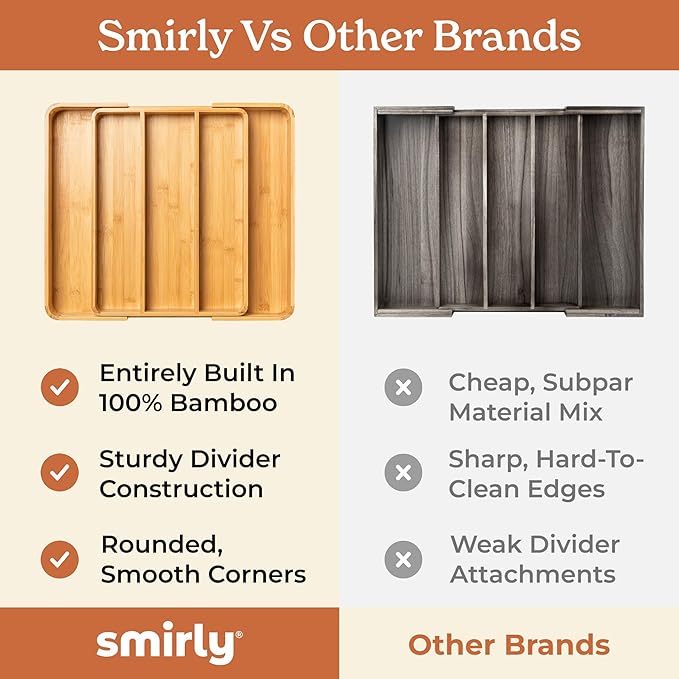 SMIRLY Silverware Drawer Organizer – Bamboo Kitchen Drawer Organizer, Adjustable Utensil Holder and Cutlery Tray, Drawer Dividers for Flatware and Kitchen Utensils