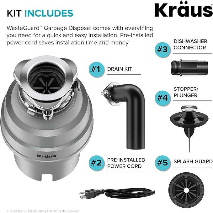 KRAUS WasteGuard High-Speed 3/4 HP Continuous Feed Ultra-Quiet Motor Garbage Disposal with Power Cord and Flange Included and Universal Mount, KWD210-75MGR