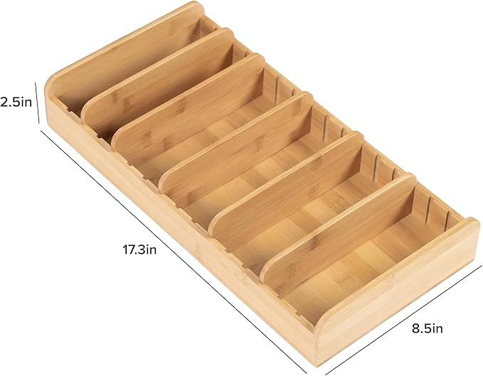Bamboo Kitchen Towel and Food-Storage Organizer, Perfect for Kitchen Drawers, Cabinets, Pantry, 5 Adjustable Wall Inserts, Organize & Store Plastic Food Containers