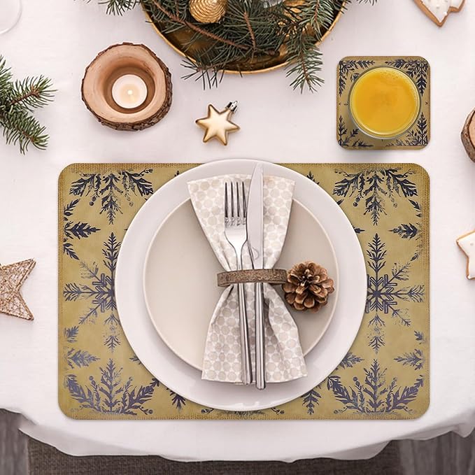 Le courant 16.9in 6PACK Christmas Blue Snowflake Placemats with 6 Coasters, Reversible Faux Leather Easy Clean Waterproof Stain Resistant Place Mats, for Home Party Dining Holiday Table Decor