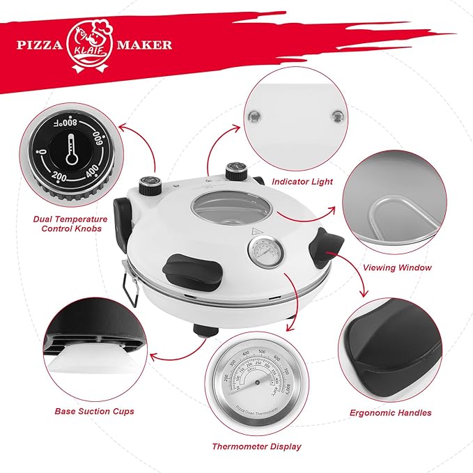 KLAIF 12" Electric Countertop Pizza Oven With Ceramic Stone, Dual Adjustable Temperature Controls, Includes 4 Pizza Tools (White)