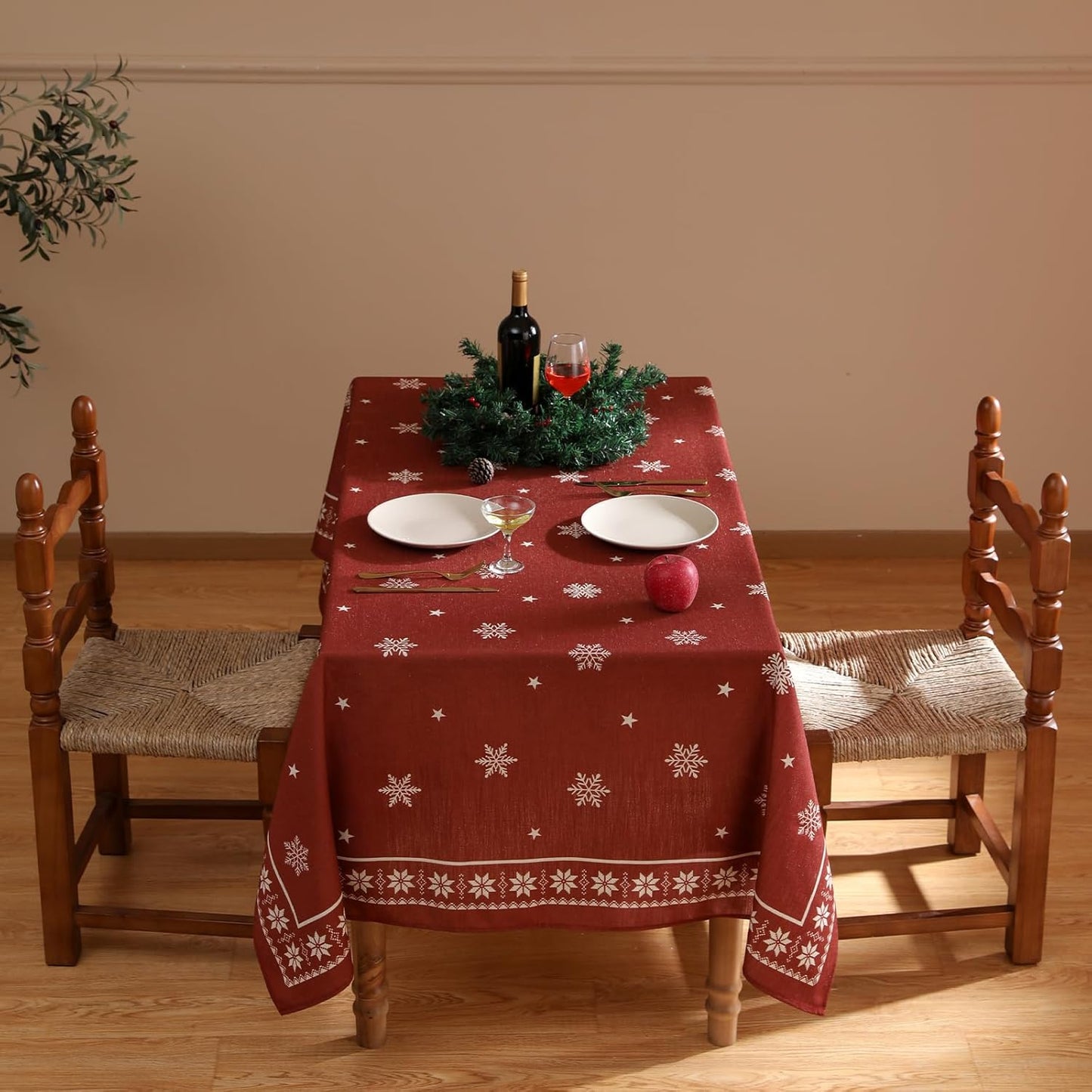 Christmas Tablecloth for Rectangular Tables,Linen Table Cloth with Red Background and White Snowflakes Pattern,Heavy Durable Table Cover for Dining Kitchen Party Christmas,55"*87"