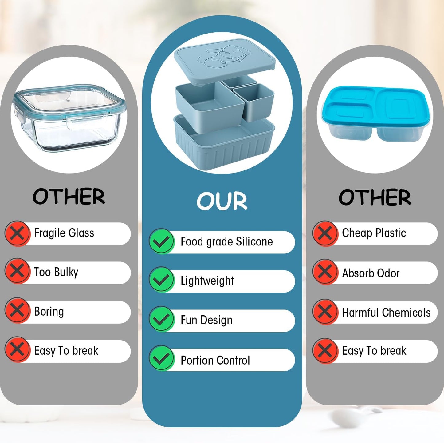 Bento Lunch Box for Kids-Reusable Silicone Kids Bento Box Lunch Container Leakproof Lunchbox Meal Prep Food Storage Containers with 3 Removable Compartments–Dishwasher Safe/BPA Free/Portion Control