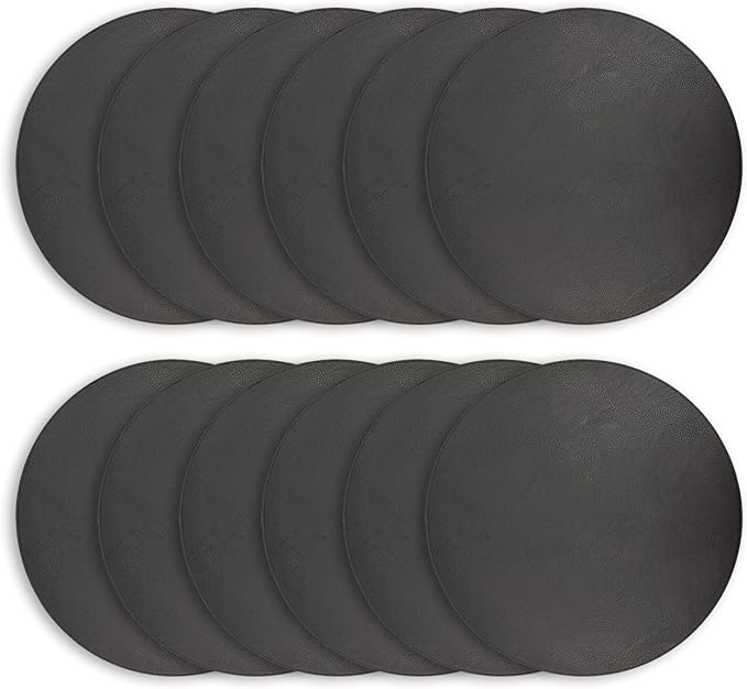 Morgan Faux Leather Round Set of 12 Placemats, 15", Black, Heat Resistant, Stain Resistant, Non-Slip, Reversible, Durable Table Mats for Kitchen, Dining Table, Indoor Washable Use