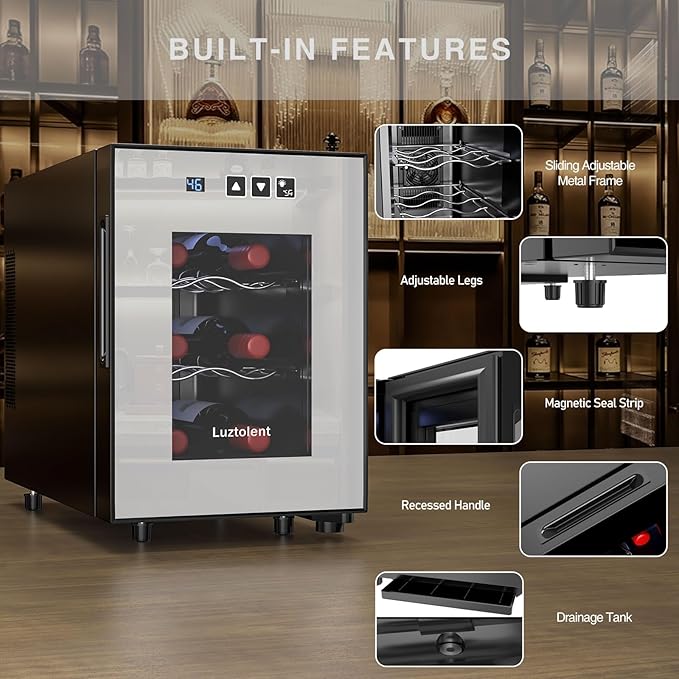 6 Bottles Wine Fridge, Thermoelectric Countertop Wine Cooler Refrigerator, 46-66℉ Digital Temperature Control &Energy Efficient Cooling, 38dB Quiet Mini Fridge for Home, Apartment or Office