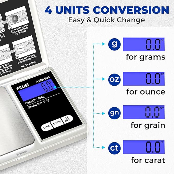 American Weigh Scales 600g x 0.1g Digital Pocket Scale | High Precision Digital Scale LCD Display Multi Unit Conversion Pocket Grams Scale, Jewelry Scale, Small Smart Weight Scale - Silver