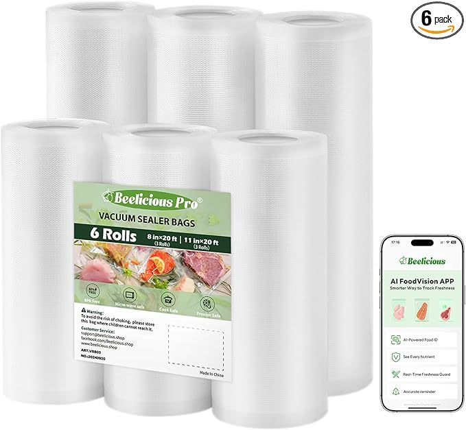 Beelicious Pro Vacuum Sealer Bags Rolls for Food 6 Pack 3 Rolls 11" x 20' and 3 Rolls 8" x 20' Commercial Grade with BPA-Free, Durable Customized Size Food Storage Bags for Sous Vide