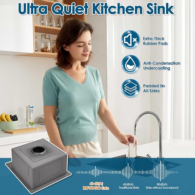 ROVOGO 15x17x8 in. Drop in Kitchen Sink Single Bowl, Black Prep Sink 304 Stainless Steel, 1-Hole Small Secondary Entertainment Wet Bar Sinks