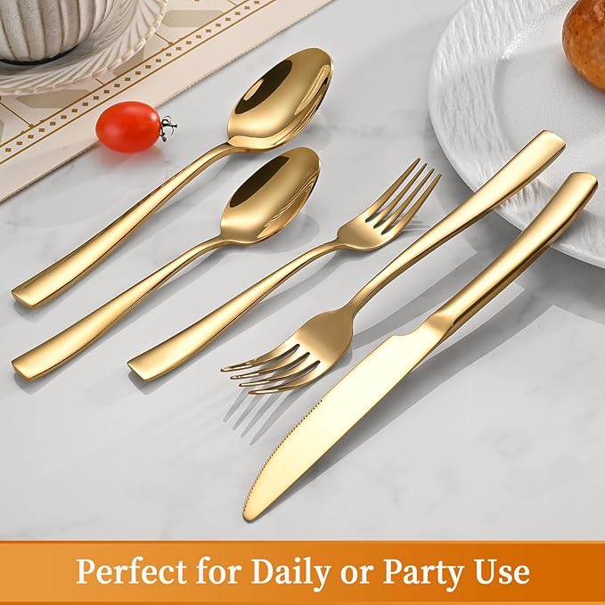 40-Piece Gold Silverware Set, Heavy Duty Stainless Steel Flatware Cutlery Set Service for 8, Food-Grade Utensil Sets for Home Restaurant, Dishwasher Safe