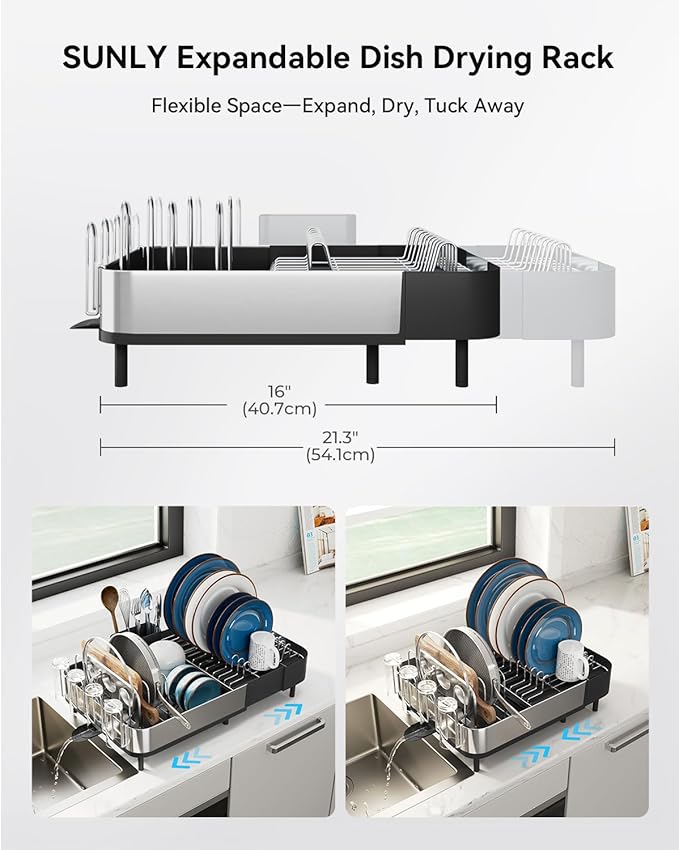 SUNLY Expandable Dish Drying Rack, Versatile Brackets for Pots & Pans, Space Saving Kitchen Drying Rack, Dish Racks for Kitchen Counter, Stainless Steel Dish Drainers with Extendable Spout, Black