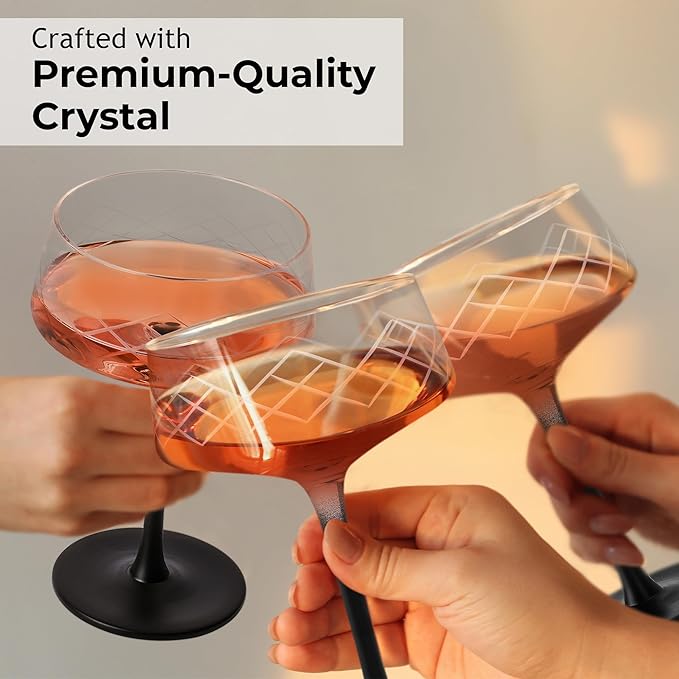 MIAMIO – 9.5 Oz Coupe Glasses Set of 4 with Bar Spoon, Handblown Crystal Cocktail Glasses with Black Stem, Cocktail Glasses, Vodka Martini Glasses, Champagne Coupe Glasses – Crystaluna Collection