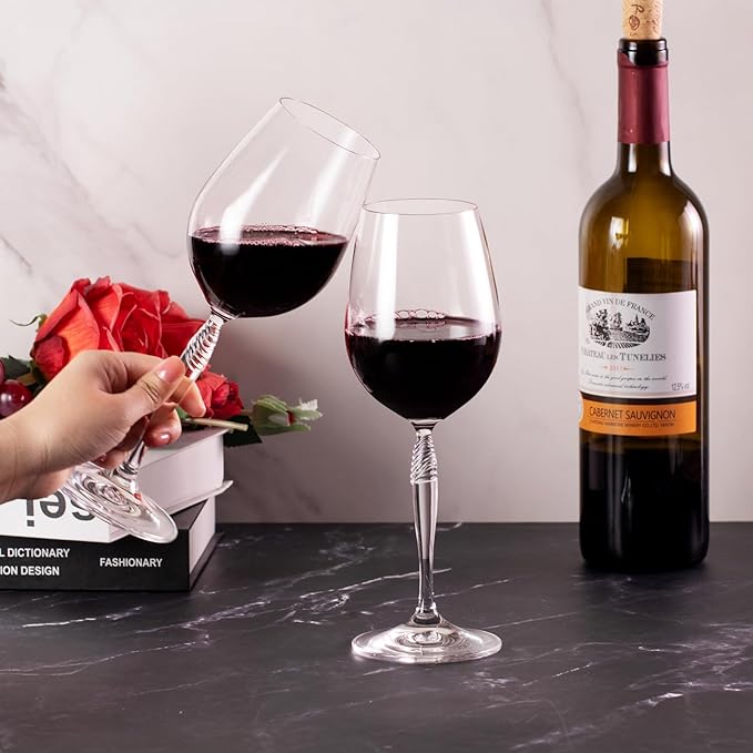 KAMMAK Wine Glasses Set of 2, 13.5 oz Hand Blown Crystal Bordeaux Wine Glasses, Thin Rim & Long Stem, Perfect for Red & White, Daily Use, Wedding Anniversary or Birthday Gift with Gift Box, Kaila