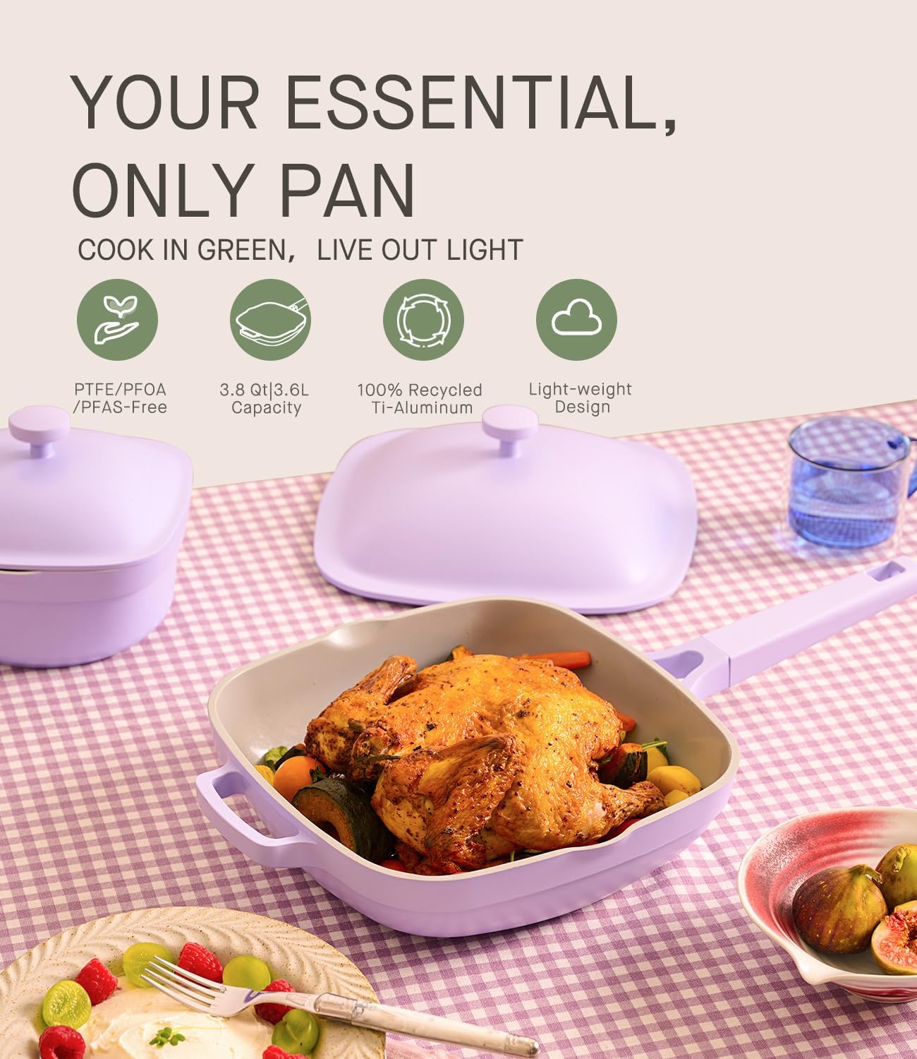 10.5 Inch(3.8QT) Ceramic Pan with Lid,Non Stick Frying Pans Cast Aluminum Deep Sauté Pans,Ti-Ceramic Non Toxic Pix Pan with Wooden Spatula and Scrubber-Dusk Petal