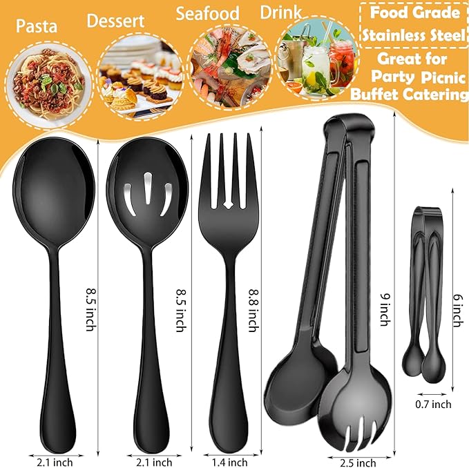 10 PCS Stainless Steel Serving Utensils, Large Serving Spoons Slotted Spoons, Serving Forks, Serving Tongs, Ice Suger Tongs, Metal Utensils Set Great for Buffet Catering Banquet Party (Black)