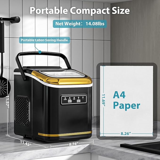 Countertop Ice Maker Machine, Portable Compact Small Bullet Ice Maker with Self Cleaning Function Makes 9 Cubes in 6 Minutes, Up to 26lbs in 24 Hours, Ideal for Camping Dorm Home Outdoor Use(Black)
