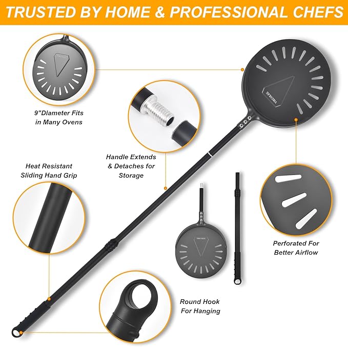 Turning Pizza Peel, 9 Inch with 38 Inch Handle Round Pizza Turning Peel, Professional Anodized Aluminum Turning Pizza Spatula, 47 Inch overall