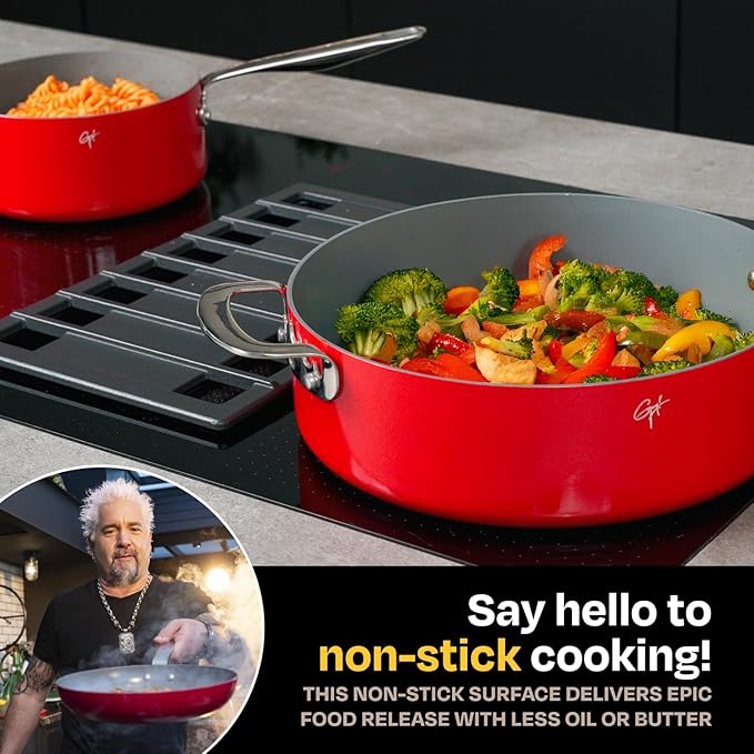 Guy Fieri's Flavortown 11-Piece Ceramic Cookware Set, Nonstick Pots and Pans for Cooking, Made without PFAS PTFE PFOA, Oven Safe, Dishwasher Safe, Easy to Clean Everyday Cookware