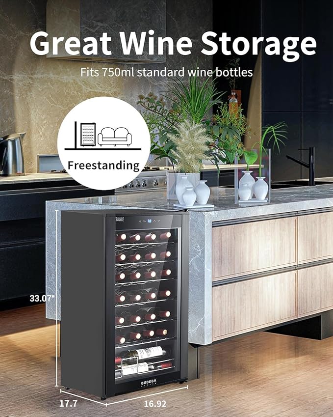 BODEGACOOLER 28 Bottle Compressor Wine Cooler for Home and Kitchen, Freestanding Mini Fridge with Digital Touchscreen, LED Display,Split Storage for Red & White Wines,Matte Black Refrigerator Home Bar
