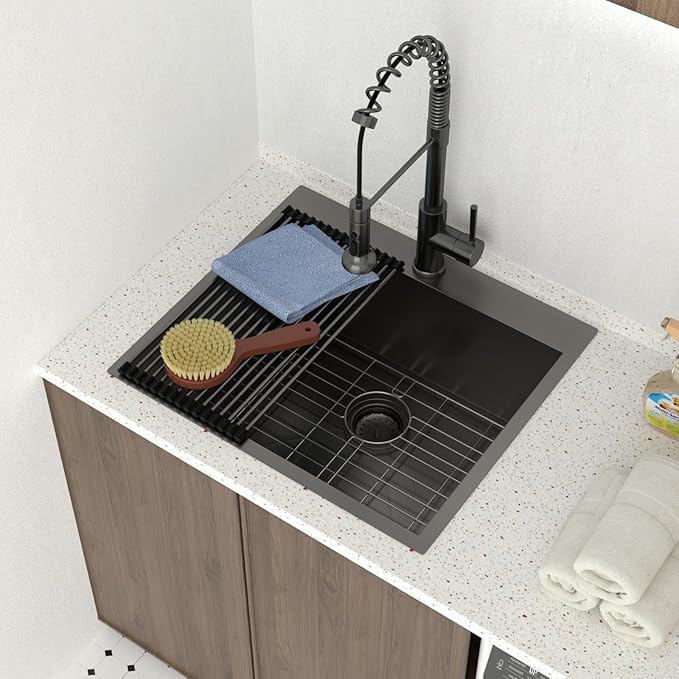 Lordear 25 Drop In Laundry Sink Black 25"x22"x12" Deep Laundry Utility Sinks Topmount Single Bowl Sink 16 Gauge Stainless Steel Laundry Room Sinks