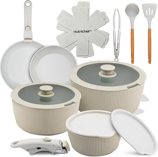 NutriChef 18-Piece Ceramic Cookware Set with Detachable Handles, Non Stick Pots and Pans, PTFE-Free Natural Ceramic Coating, Space-Saving Design, Oven & Stove Safe, Includes Utensils, Green