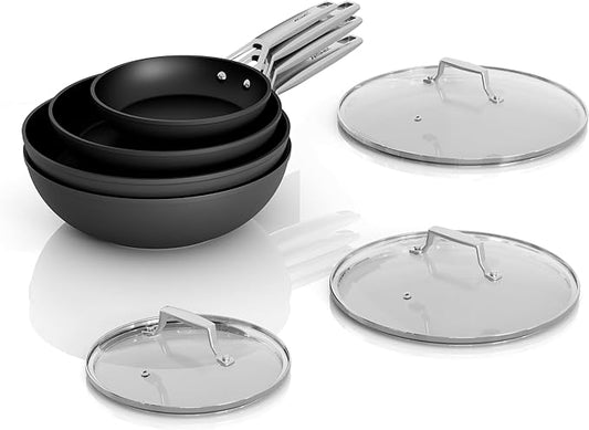 MsMk Non Stick Pans Set 7-Piece, 8, 10, 12 Inch Frying Pans and 12 Inch Induction Wok with Tempered Glass Lids, PRO Heat Distribution, Stay-Cool Handles, Oven Safe 700℉, Compatible with All Cooktops
