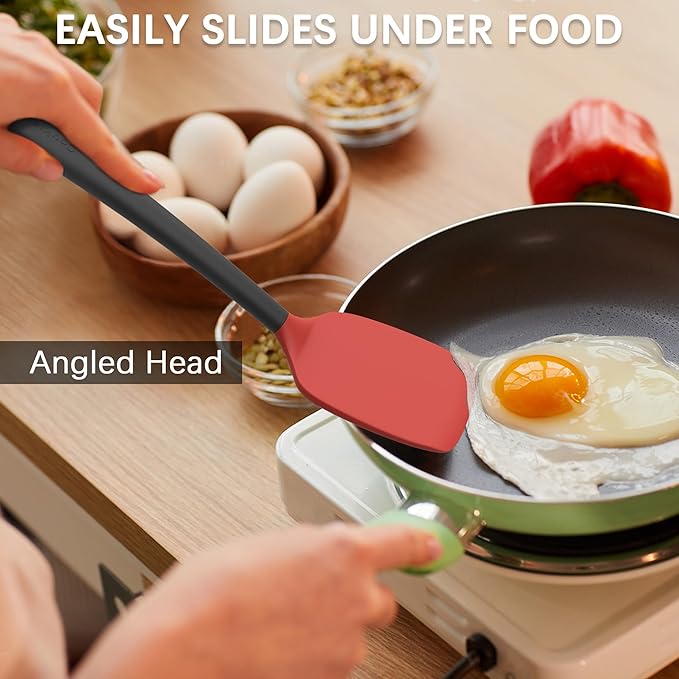 Coukre 3 Pack Silicone Spatula Set, High Heat Resistant, BPA-Free, Fish Spatula, Solid & Slotted Turner for Non-Stick Pans, Flipping Eggs, Pancakes, Fish, Burgers (3, RedBlack)