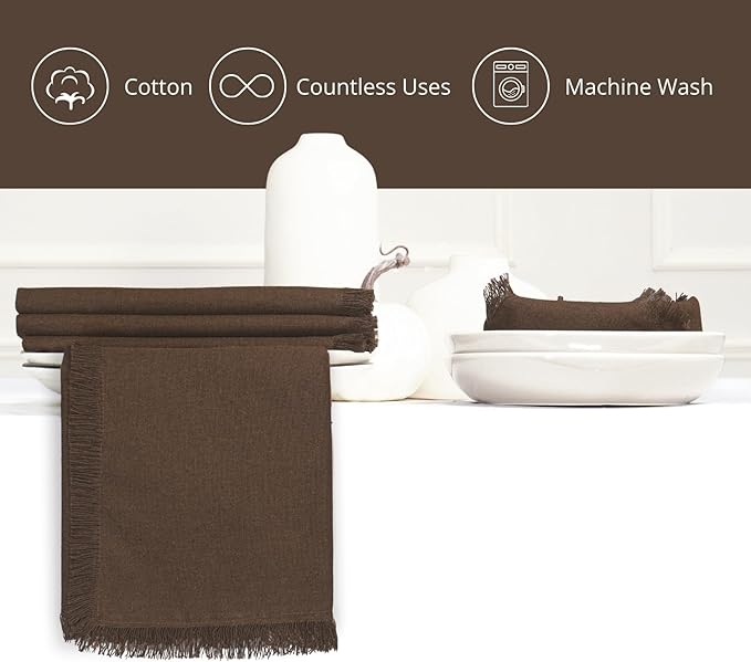 PurpleEssences Cloth Napkins with Fringes, 100% Cotton Christmas Holiday Winter Table Decor, Set of 6 18x18 Inch Reusable Dinner Napkins for Parties and Weddings - Brown