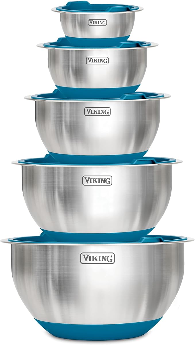 Viking Mixing Bowls Set, 10 Piece Stainless Steel Kitchen Cookware, Non-Slip Silicone Base, Includes Tight Fit Lids, Dishwasher Safe, Teal