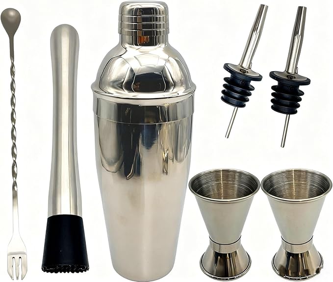 7-Piece Cocktail Shaker Set, Bartender Kit, Home Bar Accessories, Mixing Spoon, Measuring Jigger, Pour Spout, Muddler ，23oz Shaker with Built-in Bartender Strainer，Stainless Steel Bar Set