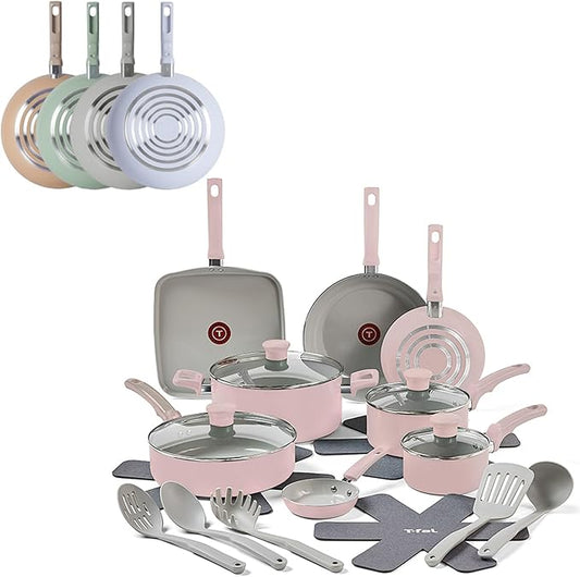 T-Fal Refresh Ceramic Pots and Pans Set, Nonstick Cookware, 20-Piece, Oven Safe to 350°F, Ceramic Cookware Set, Stockpot, Griddle, Frying Pans, Utensils, Dusty Rose