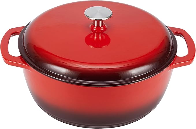 Amazon Basics Cast Iron Dutch Oven Pot with Lid, Enameled, Round, Dual Handles, Heavy-Duty, Medium, 6-Quart, Red