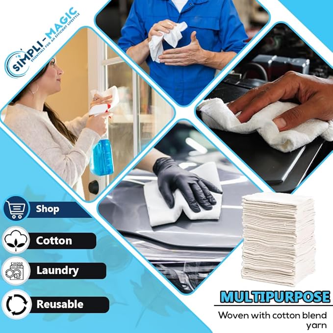SIMPLI-MAGIC Cotton Shop Towels 14"x12" (145 Pack) – Reusable Cleaning Shop Rags for Automobiles, Industries, Garage and Homes (White)