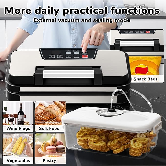 95Kpa Powerful Vacuum Sealer Machine, 11-in-1 Automatic Food Sealer with Double Seal, Built-in Cutter & Bag Storage, for Dry Moist Food Preservation, Extend Freshness 8X Longer