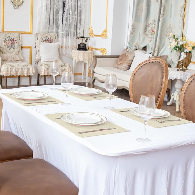 Linen Fabric Placemats Set of 6, Machine Washable, Heat Resistant, Wrinkle Free, Thick Polyester Kitchen Place Mats for Dining Table (Beige)