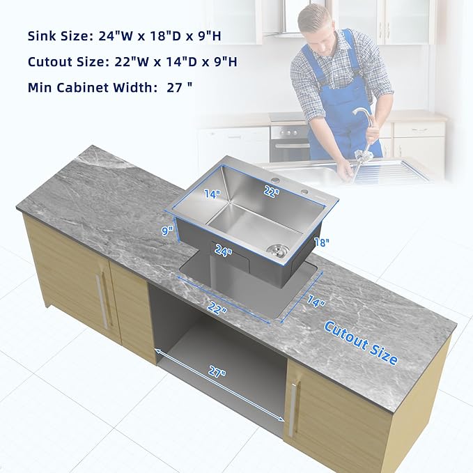 Kitchen Sink 24x18 Topmount Single Bowl Drop-in Sinks 304 Stainless Steel Handmade Home Bar Outdoor RV Sinks Brushed