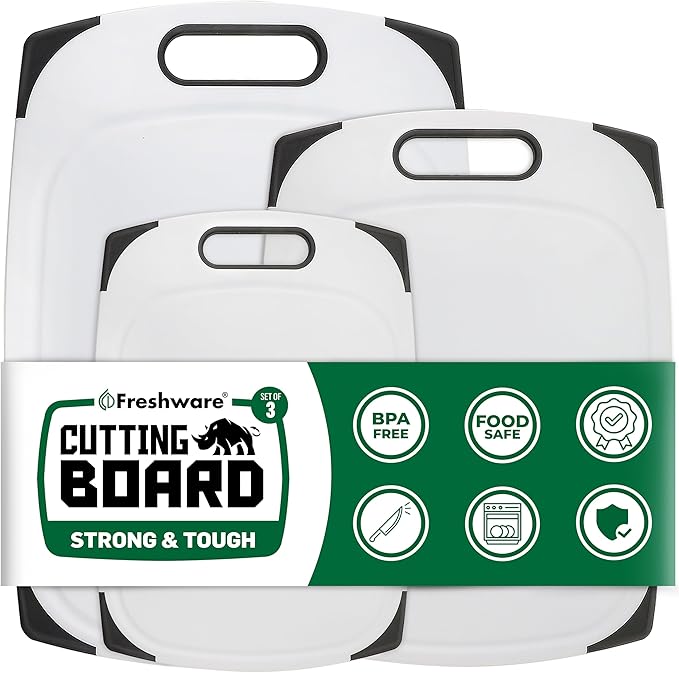 Plastic Cutting Boards for Kitchen, Cutting Board Set of 3, Juice Grooves with Easy Grip Handle, BPA-Free, Non-Porous, Dishwasher Safe, White