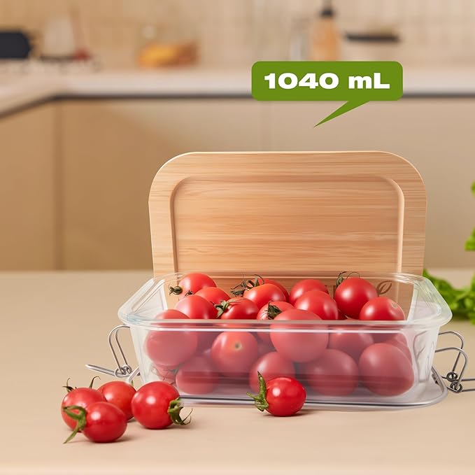 Airtight Glass Food Storage Containers with Bamboo Lids, Set of 4 Secure-Seal Containers for Meal Prep, 100% Leakproof, Plastic Free, Oven & Microwave Safe (4 Pack)