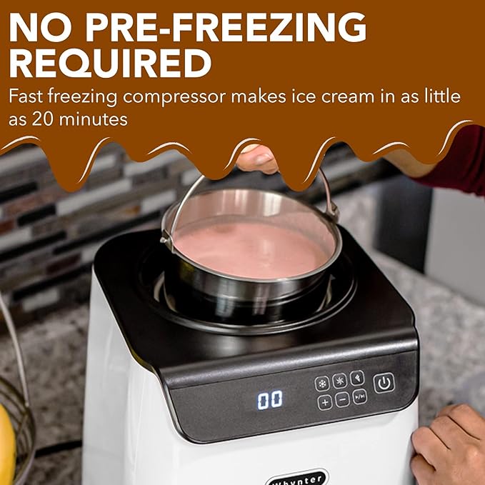 Whynter Ice Cream Maker Machine Automatic 1.28 Qt Upright with Built-in Compressor, LCD Digital Display & Timer, No Pre-Freezing, ICM-128WS, White