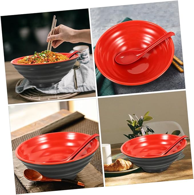 Large Melamine Ramen Bowl with Spoon Reusable Food Container for Rice Instant Noodles Desserts Kitchen Bowls Microwave Safe Decorative and Easy to Clean for Japanese and Asian