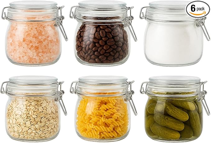 17oz Airtight Glass Jars with Lids, Set of 6 Small Food Storage Containers & Canisters, Clear Mason Jars with Wire Clip Seal for Canning, Pickling & Kitchen