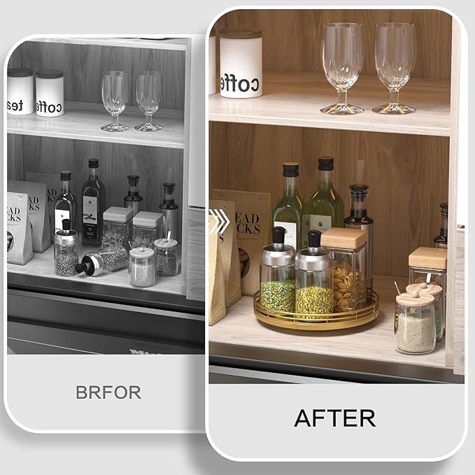 9" Gold Lazy Susan for Table Top, Oak Wood Lazy Susan Turntable Organizer for Dining Coffee Table Centerpiece Bar Decor Kitchen Countertop Bathroom Vanity Decorative Tray for Perfume Jewelry Round