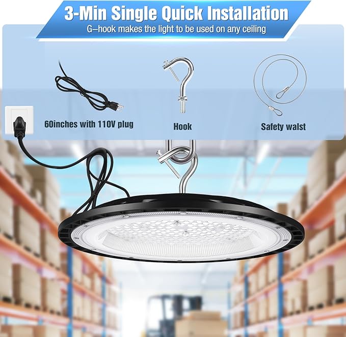 300W UFO Led High Bay Light,120VAC,5000K Daylight Commercial Shop Bay Lighting Fixture,45000LM,[1300W MH/HPS Equiv.] US Plug Area Lighting for Warehouse/Barn/Gym/Factory/Workshop