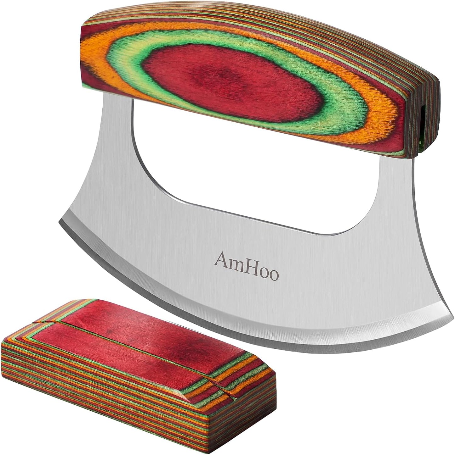 AmHoo Pizza Cutter 6.5 Inch Chef Mezzaluna Ulu Knife Handle Color Wood Grip Sharp Rocker Slicer Stainless Steel Blade Salad Onion Vegetable Chopper with Holder Base Christmas Gifts