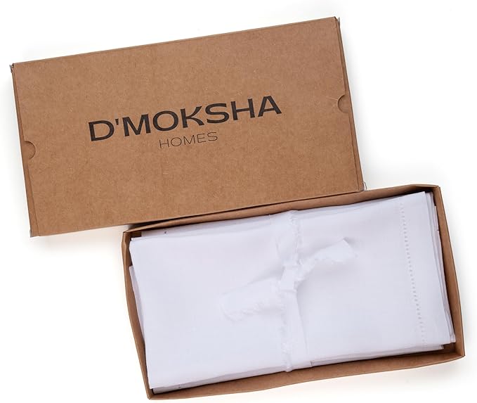 D'Moksha Homes White Linen Napkins Set of 4 - Classic Hemstitch 100% Pure Linen Hemstitch Dinner Napkins 20 x 20 Inch for Fall, Thanksgiving, Christmas, Holiday - Handcrafted and Machine Washable