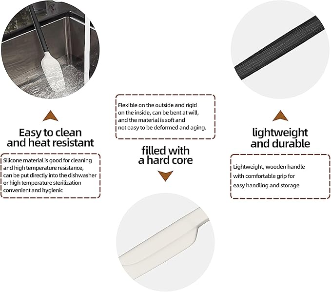 Wooden Handle Silicone Rubber Spatula Set for Kitchen Baking, Cooking, and Mixing High Heat Resistant Non Stick Dishwasher Safe BPA-Free Black+blue Set of 2 (Black Wooden Handle Spatula 4P)