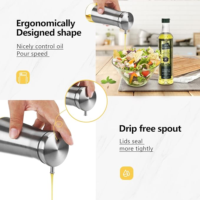 Aelga Olive Oil And Vinegar Dispenser Set -2 Pack Elegant Stainless Steel Oil Dispenser Set- Vinegar Bottle for Kitchen with No-Drip