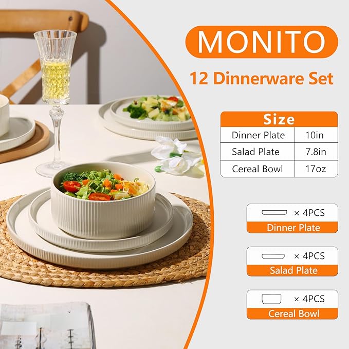 MONITO Ceramic Plates and Bowls Sets for 4, 12PCS Stoneware Dinnerware Sets, Reactive Glaze Dish Set, Chip and Scratch Resistant Double, Microwave and Dishwasher Safe,White